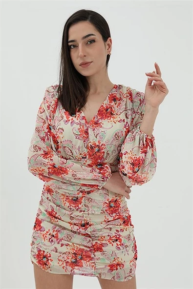 Drape Detaylı Şifon Elbise - Ekru - Resim 5