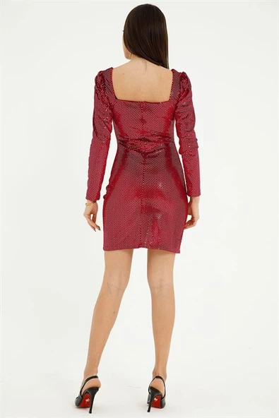 Zincir Detay Önü Büzgülü Kadın Mini Elbise - Kırmızı - Resim 8