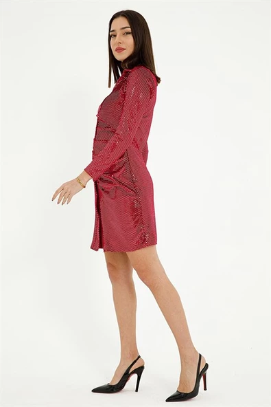 Önü Pileli Pul İşlemeli Kadın Kadife Elbise - Kırmızı - Resim 2