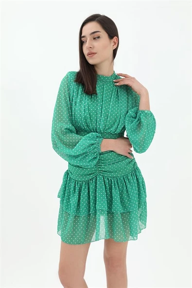 Büzgülü Puantiyeli Şifon Elbise - Yeşil - Resim 2