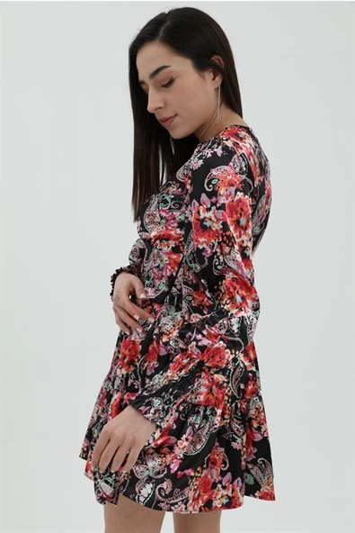Çiçek Desenli Saten Elbise - Siyah - Resim 7