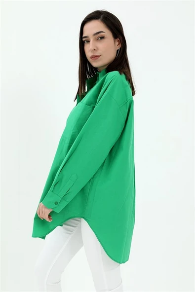 Tek Cepli Kolları Katlı Oversize Kalın Keten Gömlek - Yeşil ürün görseli 1