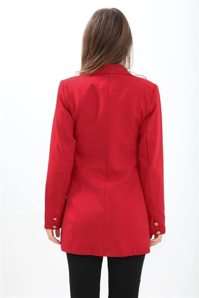 Omuzları Vatkalı Önü Çıtçıtlı Atlas Kumaş Kadın Blazer Ceket - Kırmızı - 6