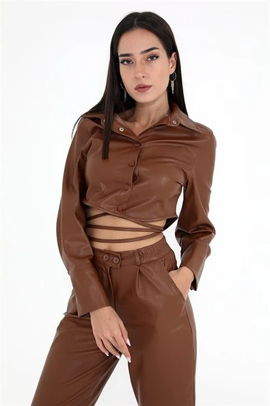 İçi Kadife Bağcıklı Kadın Kısa Deri Gömlek - Taba ürün görseli 1