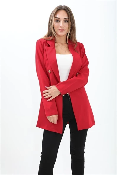 Omuzları Vatkalı Önü Çıtçıtlı Atlas Kumaş Kadın Blazer Ceket - Kırmızı - 5