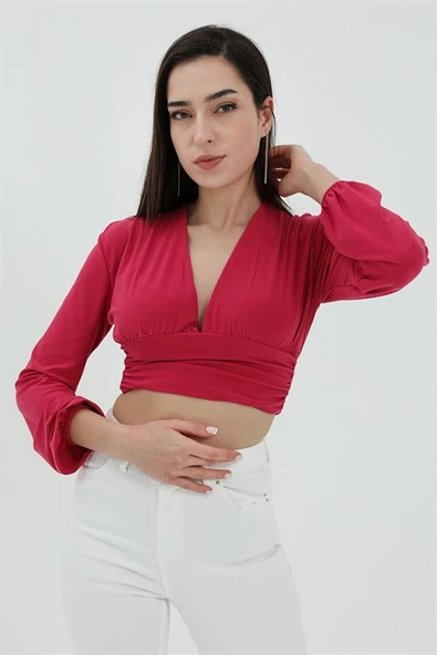 Derin V Yaka Crop Bluz - Fuşya