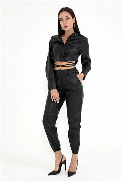 İçi Kadife Bağcıklı Kadın Kısa Deri Gömlek - Siyah - Resim 5