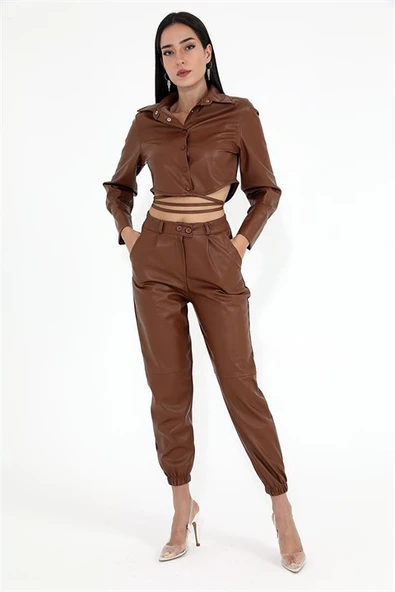 İçi Kadife Bağcıklı Kadın Kısa Deri Gömlek - Taba - Resim 5