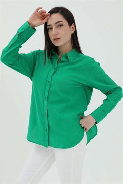 Uzun Kol Oversize Basic Gömlek - Yeşil - Resim 3