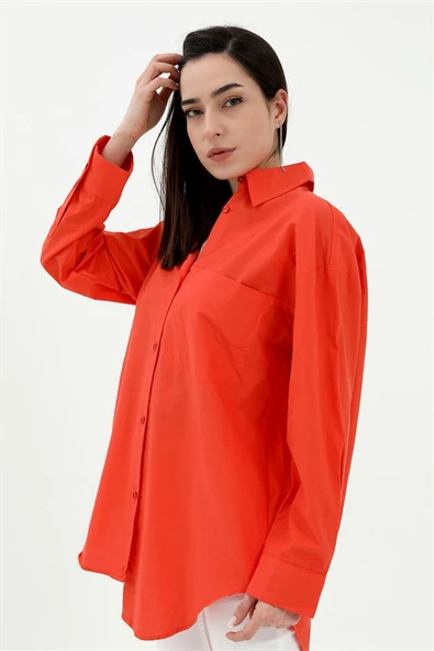 Tek Cepli Kolları Katlı Oversize Kalın Keten Gömlek - Turuncu ürün görseli 1