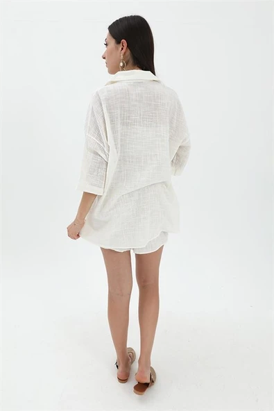Pamuk Keten Şort Gömlek Kadın İkili Takım - Ekru - Resim 7