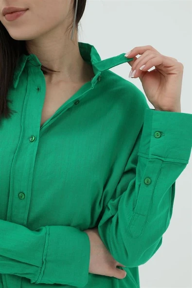 Uzun Kol Oversize Basic Gömlek - Yeşil - Resim 6