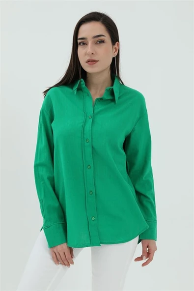 Uzun Kol Oversize Basic Gömlek - Yeşil - Resim 4