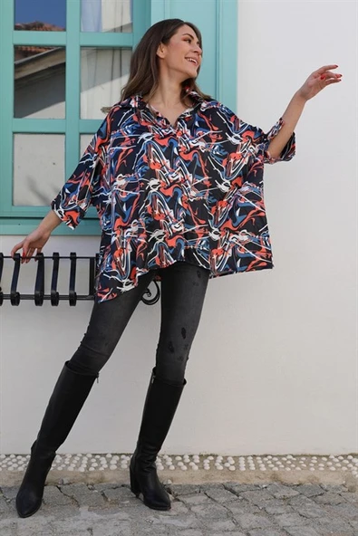 Desenli Saten Yarasa Kadın Gömlek - Turuncu - Resim 3