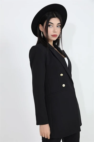 Omuzları Vatkalı Önü Çıtçıtlı Atlas Kumaş Kadın Blazer Ceket - Siyah - Resim 6