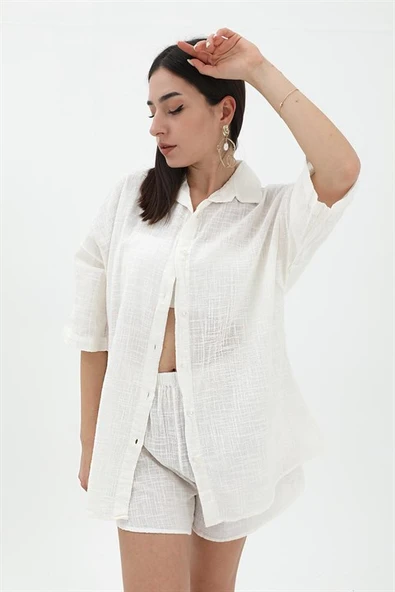 Pamuk Keten Şort Gömlek Kadın İkili Takım - Ekru - Resim 2