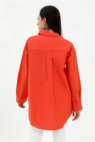 Tek Cepli Kolları Katlı Oversize Kalın Keten Gömlek - Turuncu - Resim 5