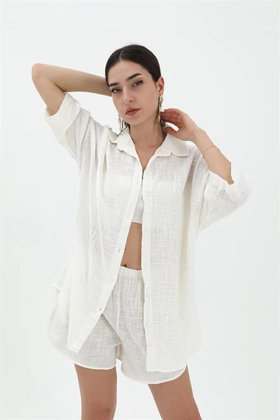 Pamuk Keten Şort Gömlek Kadın İkili Takım - Ekru ürün görseli 1