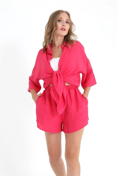 Pamuk Keten Şort Gömlek Kadın İkili Takım - Fuşya - Resim 2