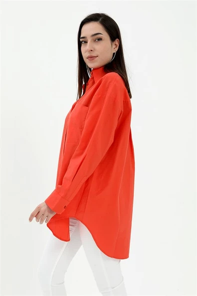 Tek Cepli Kolları Katlı Oversize Kalın Keten Gömlek - Turuncu - Resim 2