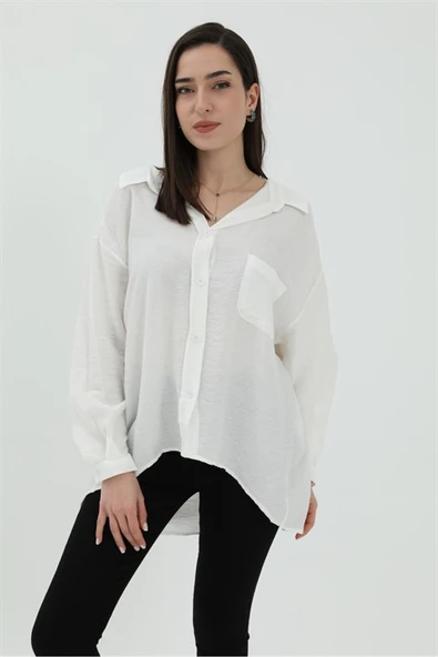 Tek Cep Salaş Keten Gömlek - Ekru ürün görseli 1