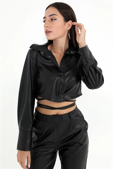 İçi Kadife Bağcıklı Kadın Kısa Deri Gömlek - Siyah - Resim 3