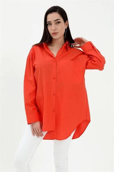 Tek Cepli Kolları Katlı Oversize Kalın Keten Gömlek - Turuncu - Resim 3