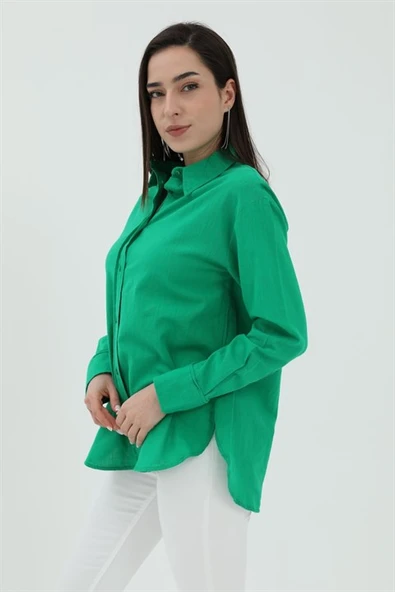 Uzun Kol Oversize Basic Gömlek - Yeşil - Resim 2