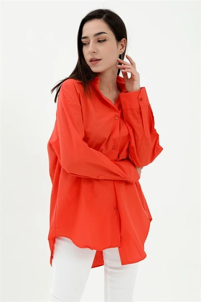 Tek Cepli Kolları Katlı Oversize Kalın Keten Gömlek - Turuncu - Resim 4