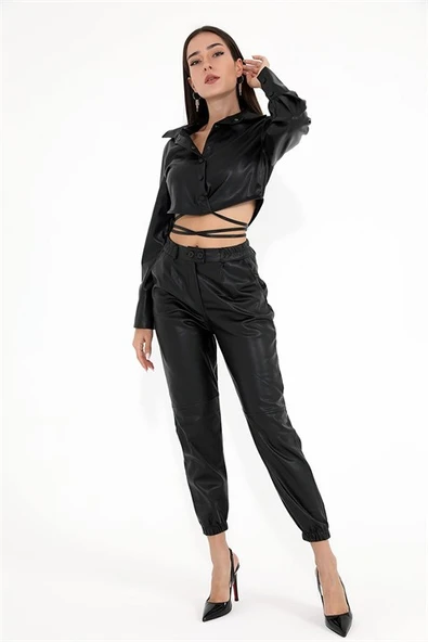 İçi Kadife Bağcıklı Kadın Kısa Deri Gömlek - Siyah - Resim 6