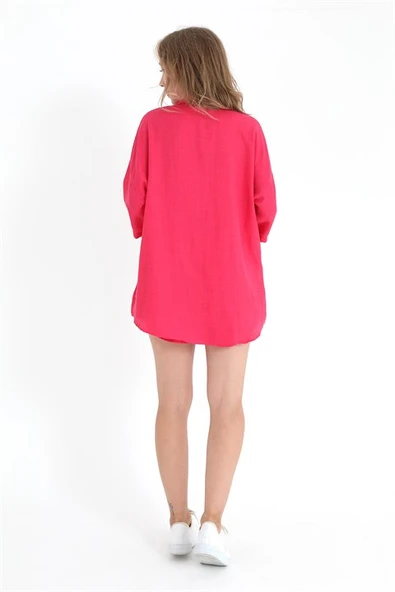 Pamuk Keten Şort Gömlek Kadın İkili Takım - Fuşya - Resim 5