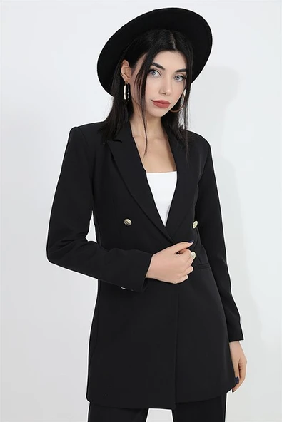 Omuzları Vatkalı Önü Çıtçıtlı Atlas Kumaş Kadın Blazer Ceket - Siyah - Resim 7
