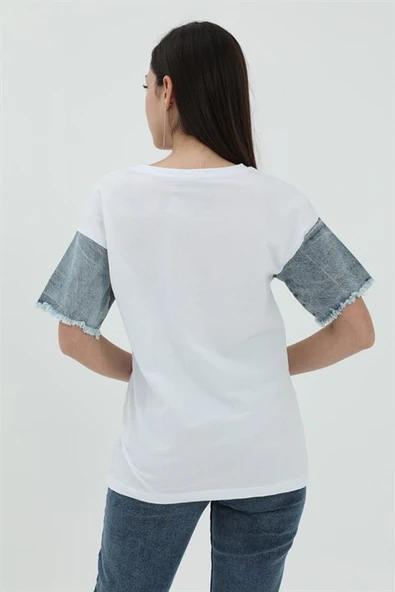 Kot Cepli T-shirt - Beyaz - Resim 3