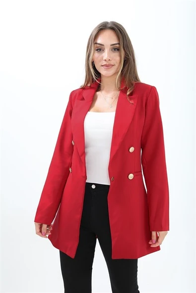 Omuzları Vatkalı Önü Çıtçıtlı Atlas Kumaş Kadın Blazer Ceket - Kırmızı - 4