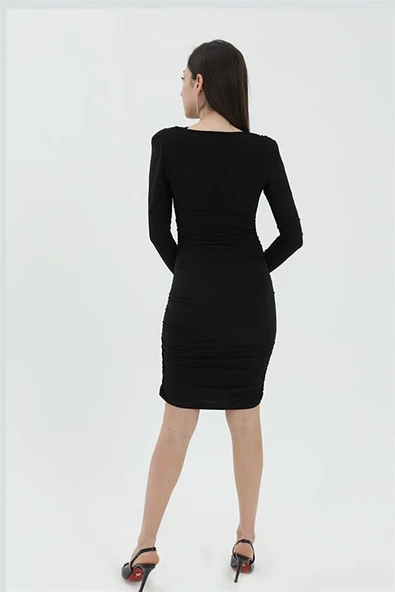 Kruvaze Yaka Dantelli Elbise - Siyah - Resim 6