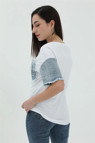 Kot Cepli T-shirt - Beyaz - Resim 2