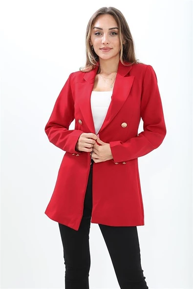 Omuzları Vatkalı Önü Çıtçıtlı Atlas Kumaş Kadın Blazer Ceket - Kırmızı - 2