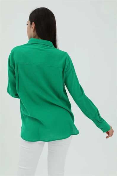 Uzun Kol Oversize Basic Gömlek - Yeşil - Resim 5