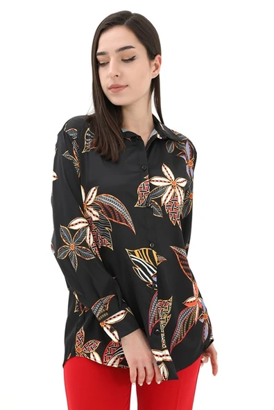 Çiçek Baskılı Saten Gömlek - Siyah ürün görseli 1