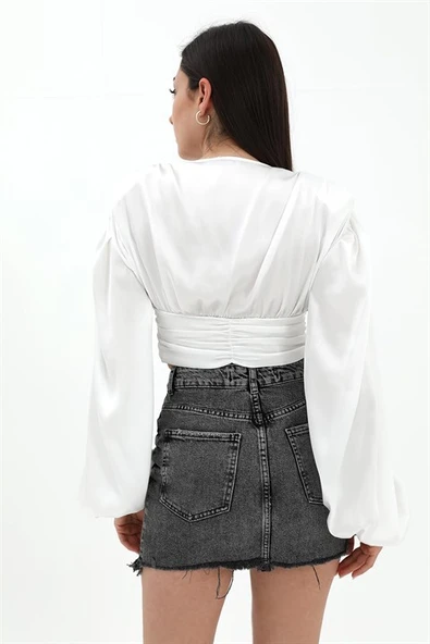 Beli Drapeli Balon Kol Bluz - Ekru - Resim 4