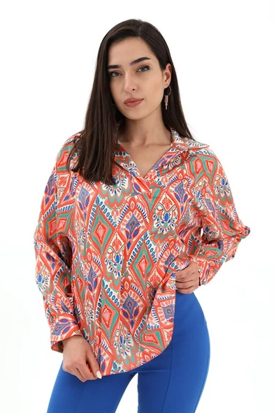 Reglan Kol Baskılı Saten Gömlek - Turuncu - Resim 2