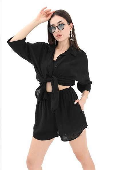 Pamuk Keten Şort Gömlek Kadın İkili Takım - Siyah - Resim 4