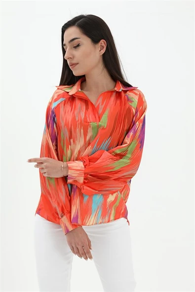 Reglan Kol Önü Kısa Arkası Uzun Fırça Baskılı Gömlek - Turuncu - Resim 3