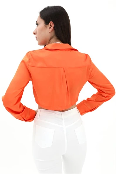 Beli Lastikli Saten Gömlek - Turuncu - Resim 4