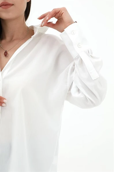 V Yaka Poplin Kumaş Gömlek - Ekru - Resim 5