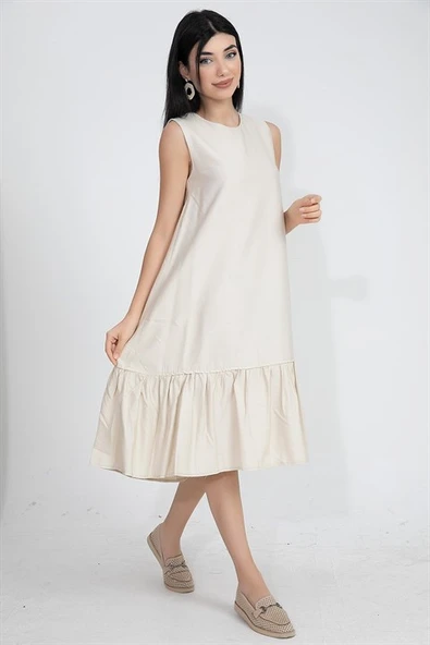 Kristal Keten Kolsuz Kadın Salaş Elbise - Taş ürün görseli 1
