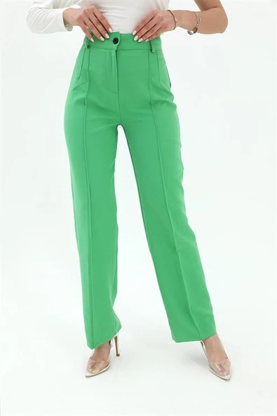 Önü Çimalı Atlas Kumaş Pantolon - Yeşil - Resim 3