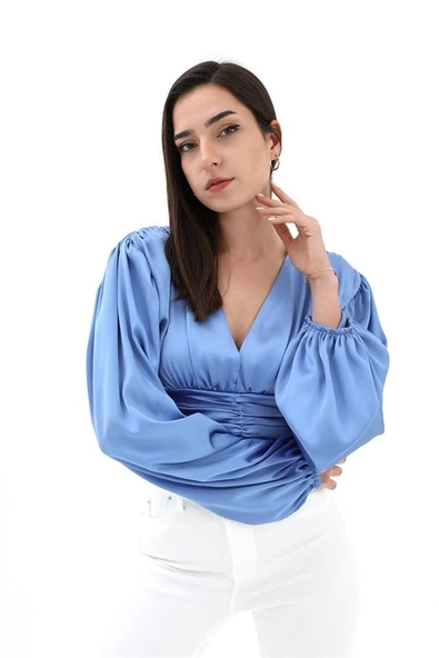 Beli Drapeli Balon Kol Bluz - Mavi ürün görseli 1