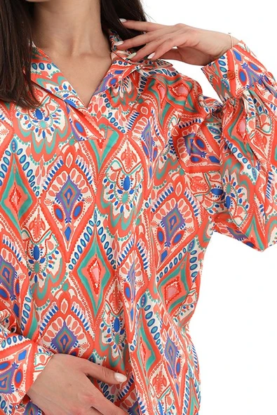 Reglan Kol Baskılı Saten Gömlek - Turuncu - Resim 5