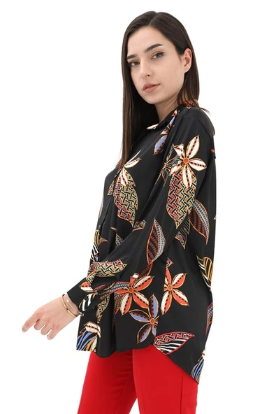 Çiçek Baskılı Saten Gömlek - Siyah - Resim 3